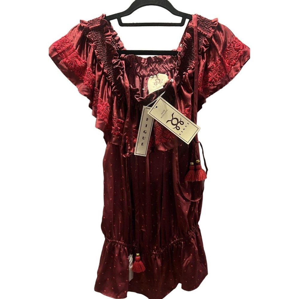 NEW w/tags Figue Ruffle Top Polka Dot Blouse Sz Large Tassel Tie MSRP $425.00